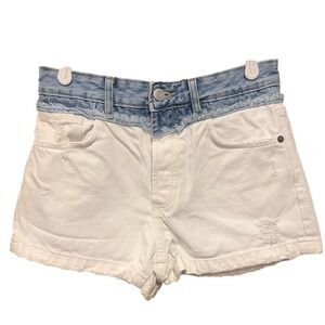 ZARA Two Tone Denim Shorts White Blue‎ Distressed Frayed High Waist Size 4